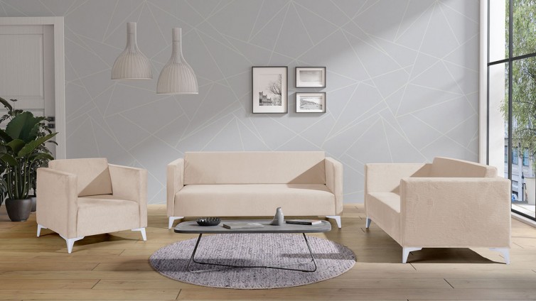 SAFIR III Sofasæt i creme beige farve med ben i hvid højglans