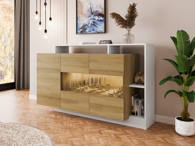 Kommode i hvid og træ farver med led belysning