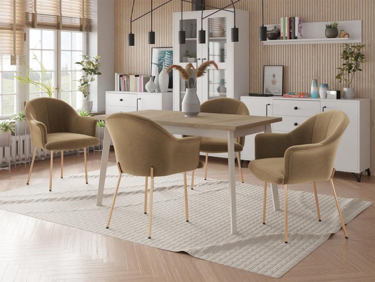beige velour stol med armlæn og gyldne ben