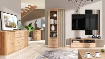Møbler til stuen i træ farve med led belysning
